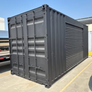 20ft Shipping Container – Matte Black w/ 12’ Side Roll-Up Door for Sale