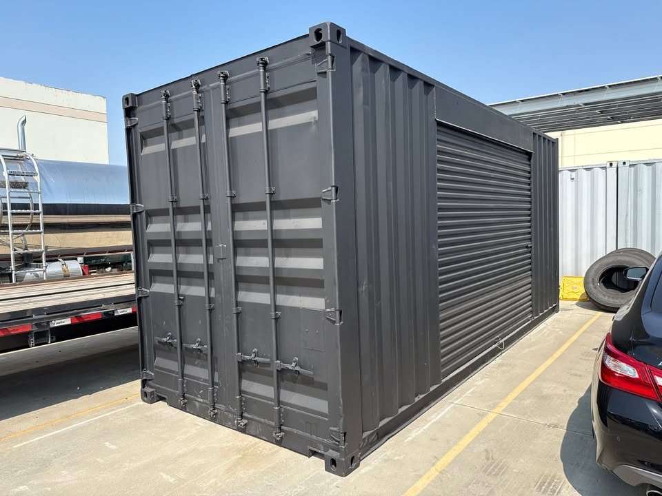 20ft Shipping Container – Matte Black w/ 12’ Side Roll-Up Door for Sale
